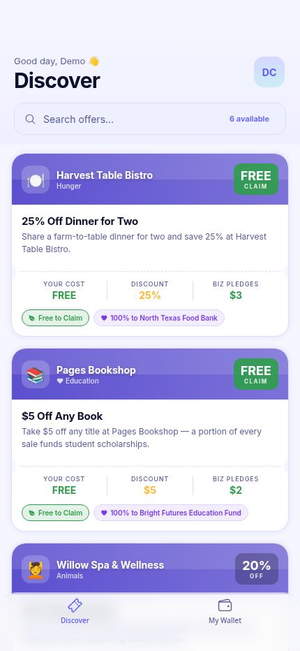 LocalLoop Discover screen listing sample offers, such as 25% off dinner for two at a bistro supporting a food bank